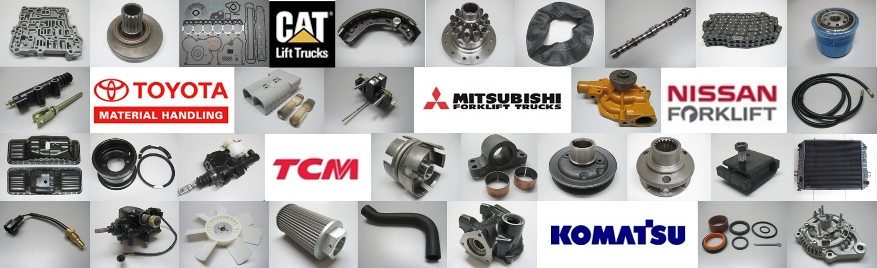 Toyota, Mitsubishi, Nissan, Caterpillar, TCM, Komatsu forklift parts and brand logos